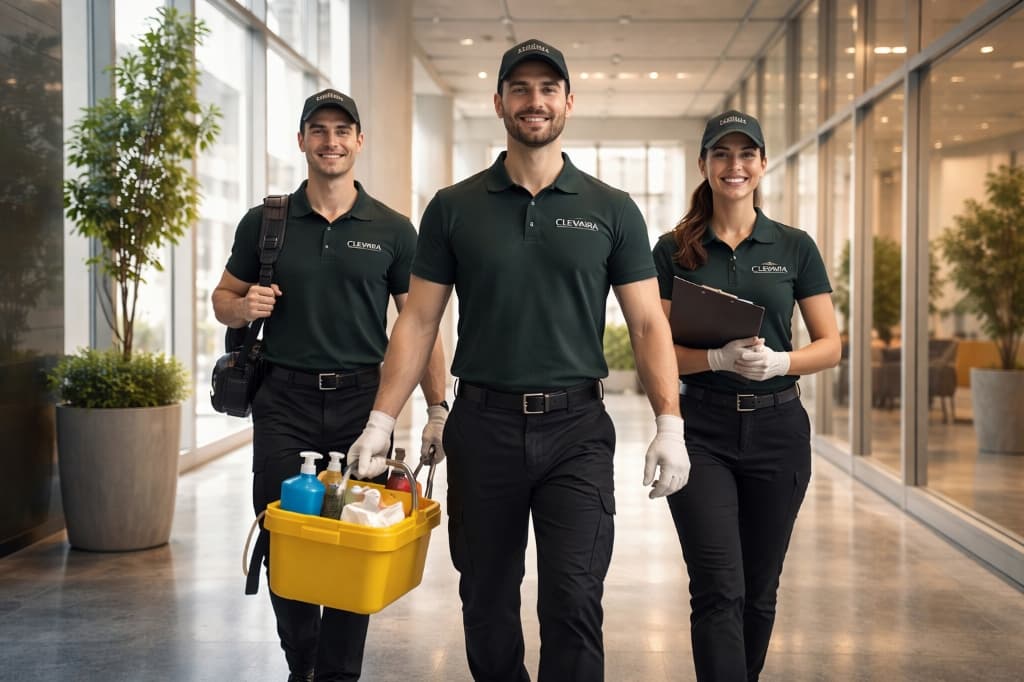 Clevara uniformed operations team with supplies in a commercial facility
