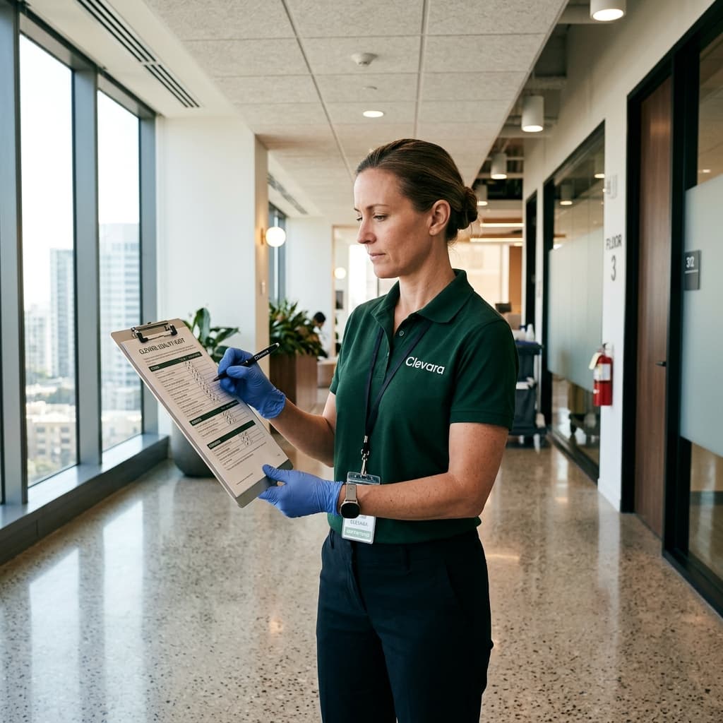 Facility operations supervisor checking checklist with PPE gloves