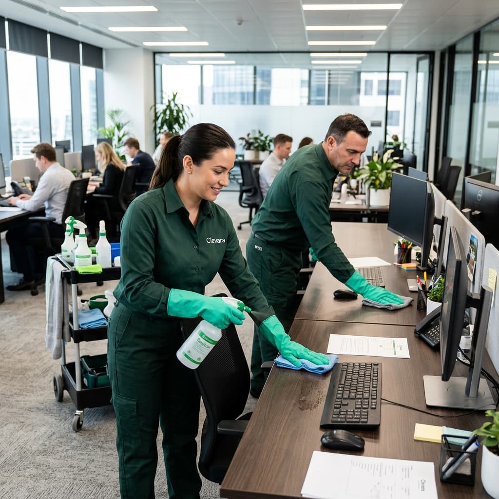 Two Clevara team members wearing PPE gloves sanitizing facility